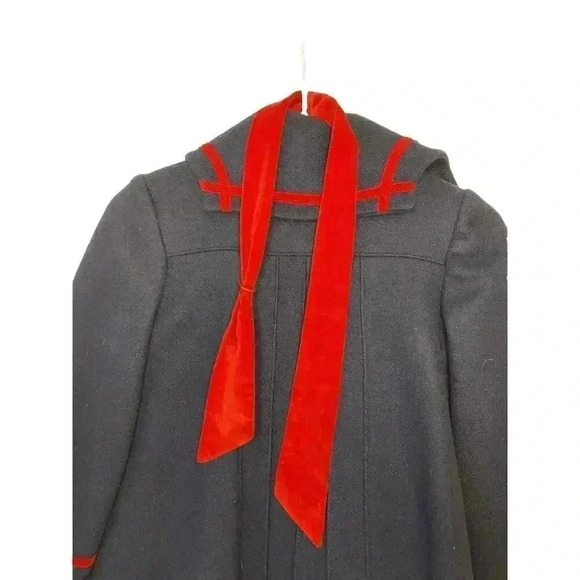 Girls Vintage 6x Rothschild Navy Wool Dress Coat Red Velvet Trim Complete W/ Tie - Picture 9 of 11